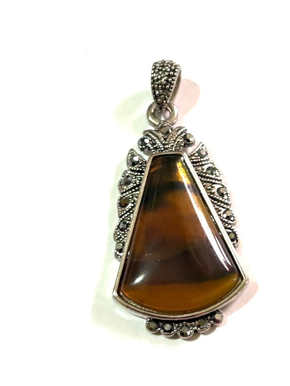 Vintage Brown Agate Trapezoid Pendant with Silver Accents